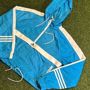 Adidas Half Zip Cropped Aqua and White Hooded Jacket Hoodie Windbreaker